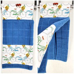 Handmade 1 Kitchen Hanging Towel Blue Bicycle Sunflower Print Button Closure New